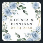 Sticker Carré Dusty Blue et or élégant Floral Rustic Mariage<br><div class="desc">Le design se compose d'un élégant cadre géométrique de couleur or (imprimé) décoré en rose aquarelle, pivoines, hydrangée, souffle de bébé et plus encore sur différents types de branches vertes et feuilles. Le bleu poussiéreux est conçu pour présenter différentes nuances de couleur dans les fleurs pour correspondre à la variété...</div>