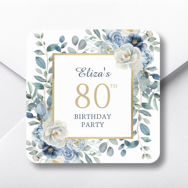 Sticker Carré Dusty Blue Floral 80e anniversaire Faveur (Créateur téléchargé)