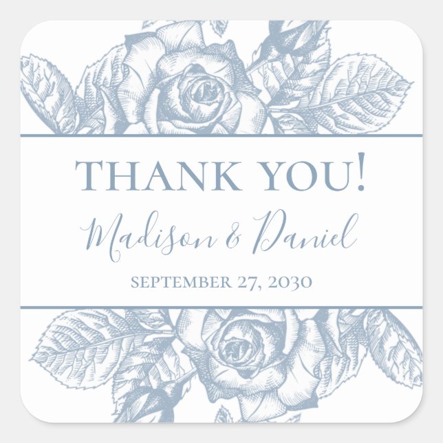Sticker Carré Dusty Blue Floral Mariage Merci (Devant)