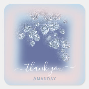 Sticker Carré Dusty Blue Glitter Floral Rose Merci Sweet 16ème
