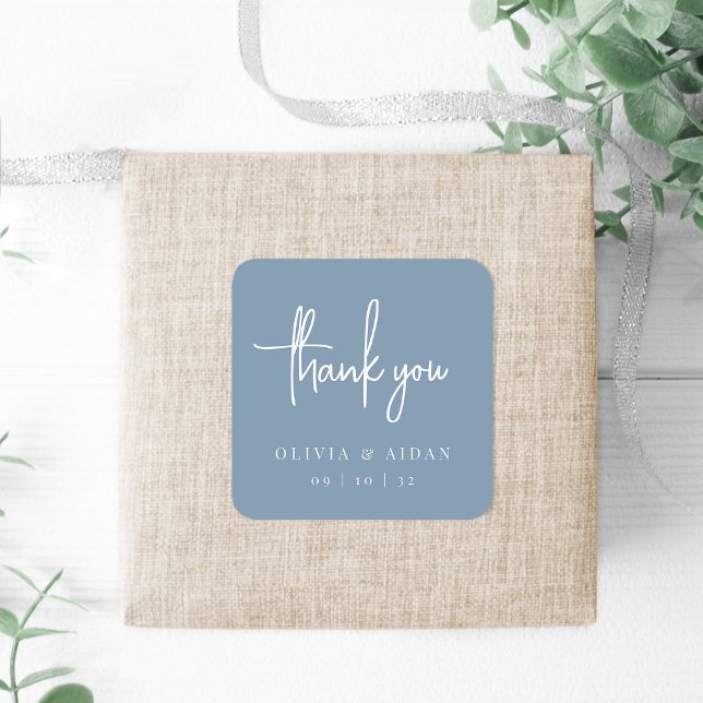 Sticker Carré Dusty Blue | Merci de Mariage de script manuscrit (Créateur téléchargé)