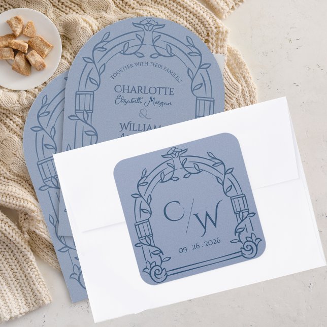 Sticker Carré Dusty Blue Ornate Arch Botanical Wedding (Dusty Blue Ornate Arch Botanical Wedding Envelope Square Sticker Monogram Seal)