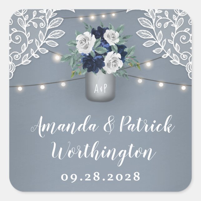 Sticker Carré Dusty Blue Pays Blanche dentelle Mason Jar Mariage (Devant)