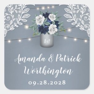 Sticker Carré Dusty Blue Pays Blanche dentelle Mason Jar Mariage