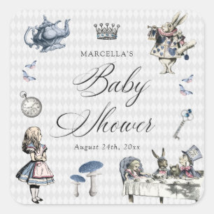 Sticker Carré Dusty Blue & Pink Alice in Wonderland Baby shower