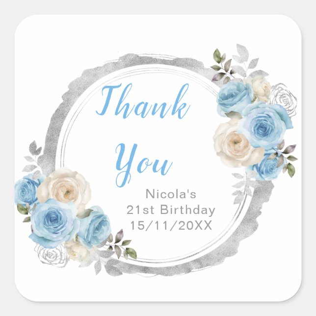 Sticker Carré Dusty Blue Silver Elegant Flowers Birthday Party (Devant)