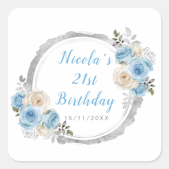 Sticker Carré Dusty Blue Silver Fleurs élégantes fête d'annivers (Devant)