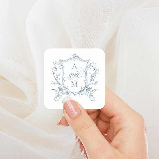 Sticker Carré Dusty Blue Vintage Crest Mariage (Créateur téléchargé)