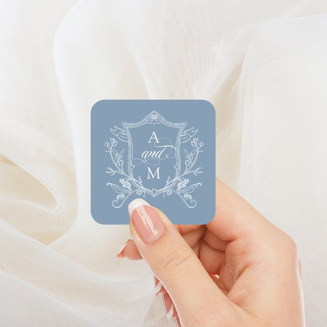 Sticker Carré Dusty Blue Vintage Crest Mariage (Créateur téléchargé)