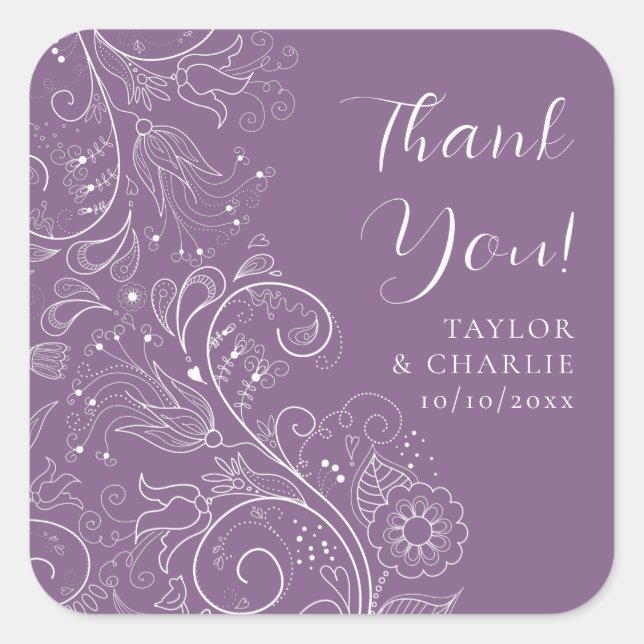 Sticker Carré Dusty Purple Élégant Mariage Floral Merci (Devant)
