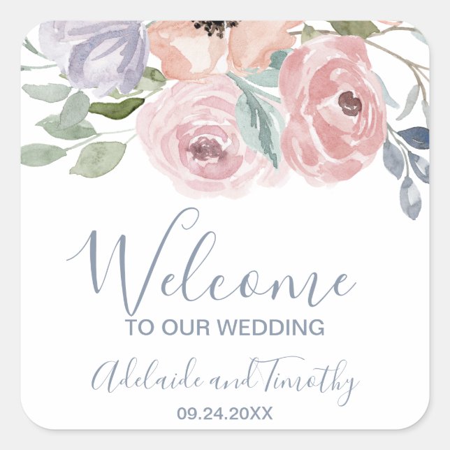 Sticker Carré Dusty Rose Florals Mariage Bienvenue (Devant)