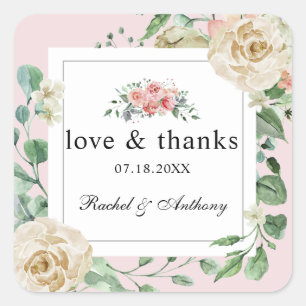 Sticker Carré Dusty rose Love & Thanks mariage d'aquarelle Resso