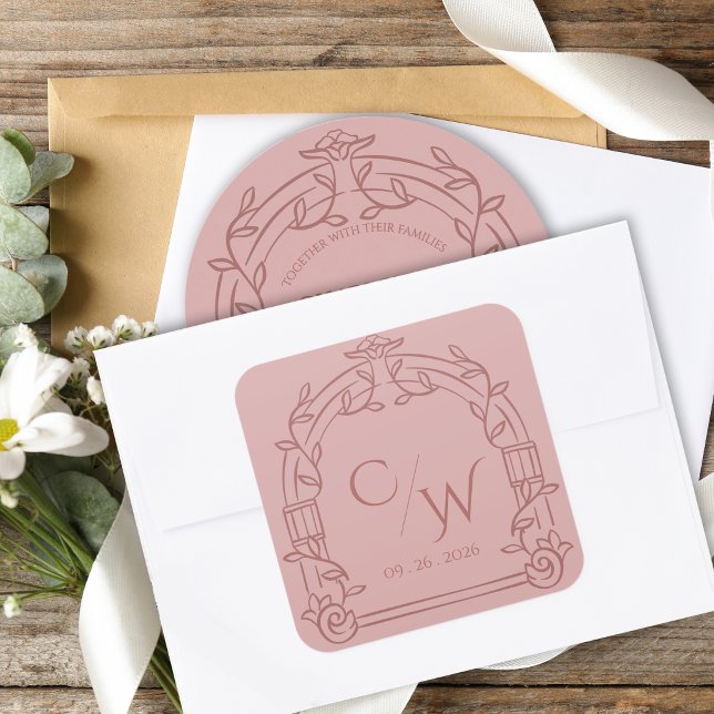 Sticker Carré Dusty Rose Ornate Arch Botanical Wedding Envelope  (Elegant Dusty Rose Ornate Arch Botanical Wedding Envelope Seal Sticker)