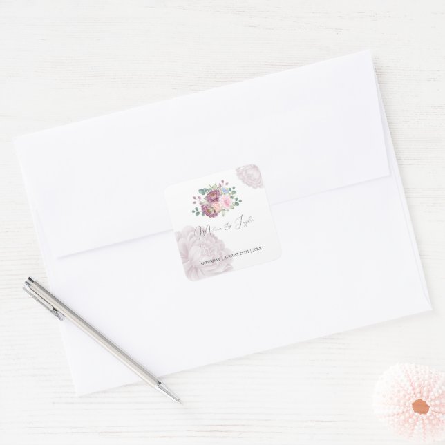 Sticker Carré Dusty Rose Plum Peony Floral Mariage (Enveloppe)