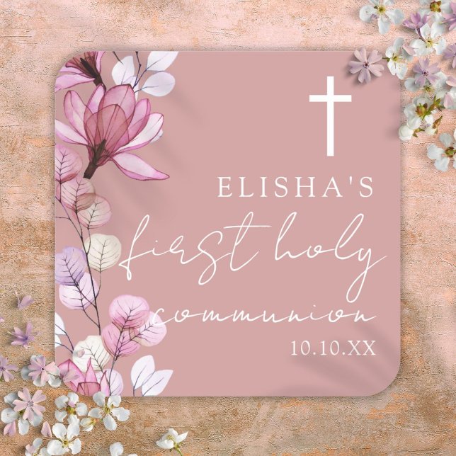 Sticker Carré Dusty Rose rose Floral Première sainte communion (Dusty Rose Pink Floral First Holy Communion Square Sticker)
