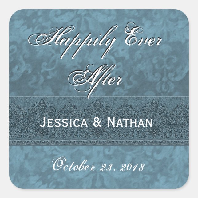 Sticker Carré Dusty Turquoise bleu et pourpre Mariage Damask (Devant)
