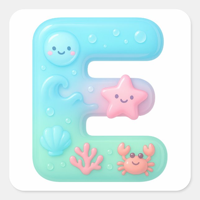 Sticker Carré "E" Cute Bubble Letter - Underwater Sea Creature A (Devant)