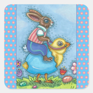 STICKER CARRÉ EASTER BUNNY ÉQUITATION CUTE POULET EN OEUF BLEU,