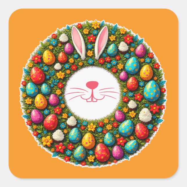 Sticker Carré Easter Bunny Wreath – Cute Style Autocolante (Devant)