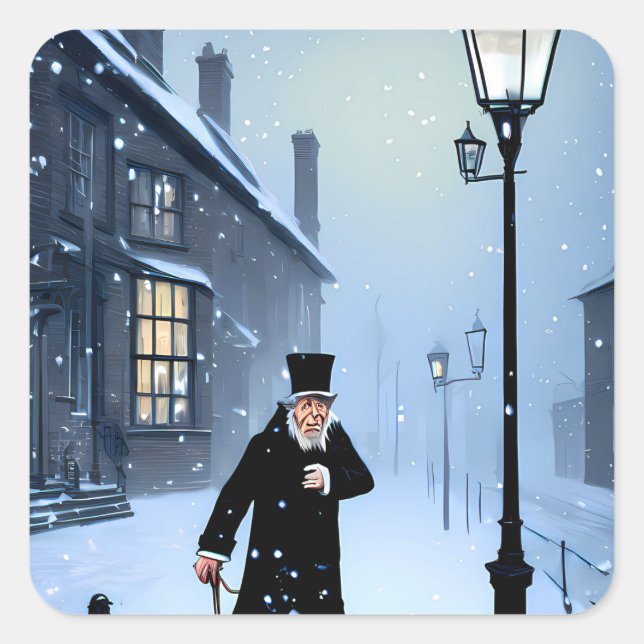 Sticker Carré Ebenezer Scrooge Snowy rue victorienne (Devant)