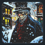 Sticker Carré Ebenezer Scrooge Victorian Christmas Winter Scène<br><div class="desc">Une scène artistique et illuminée de Londres victorienne en hiver avec le vieux Ebenezer Scrooge grincheux marchant à travers le village.</div>