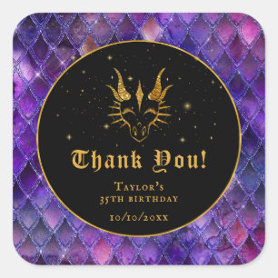 Sticker Carré Écaille de Dragon Violet Or Anniversaire Merci