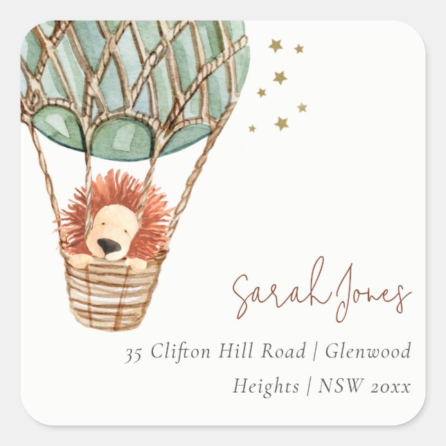 Sticker Carré Eco Green Hot Air Balloon Lion Adresse magique (Devant)