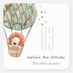 Sticker Carré Eco Green Hot Air Balloon Lion Anniversaire de enf