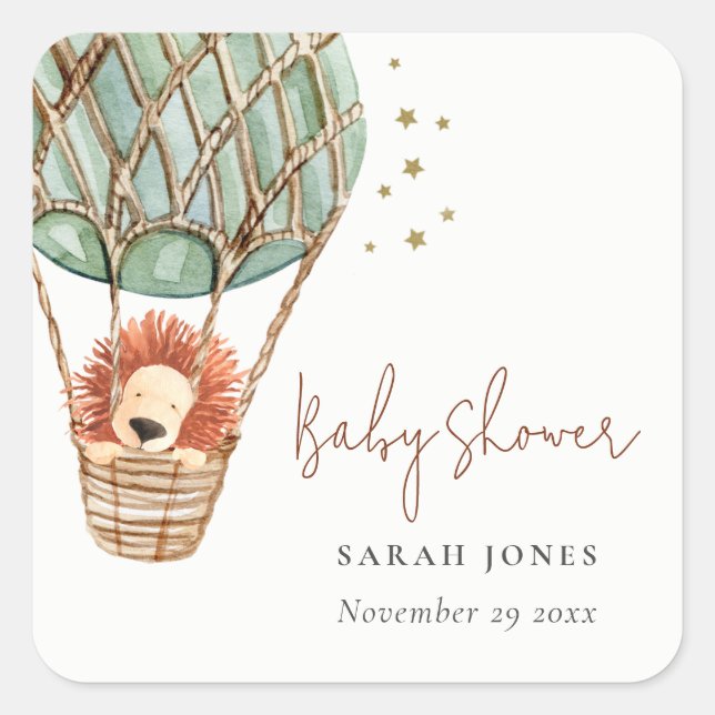 Sticker Carré Eco Green Hot Air Balloon Lion Baby shower magique (Devant)