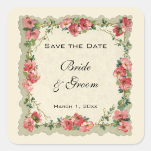 Sticker Carré Économisez la date vintage, fleurs roses florales