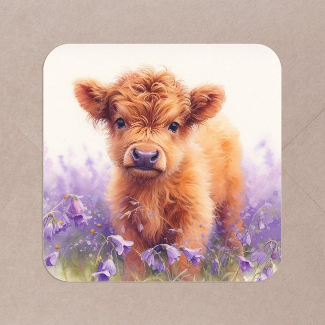 Sticker Carré Écossais Highland Vache Calf Violet Fleurs sauvage (Créateur téléchargé)