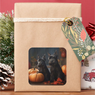 Sticker Carré Écossais Terrier Chiot Automne Citrouille délice