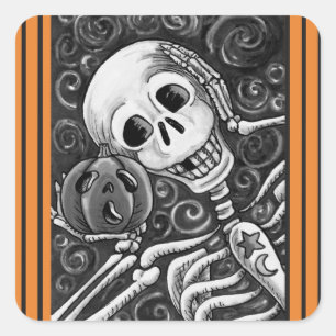 STICKER CARRÉ ÉCOUTEZ VOTRE CITROUILLE, HALLOWEEN SKELETON STICK