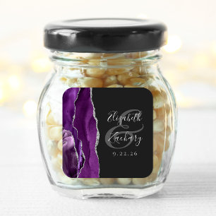 Sticker Carré Écriture Agate Géode Violet Argent Sombre Mariage