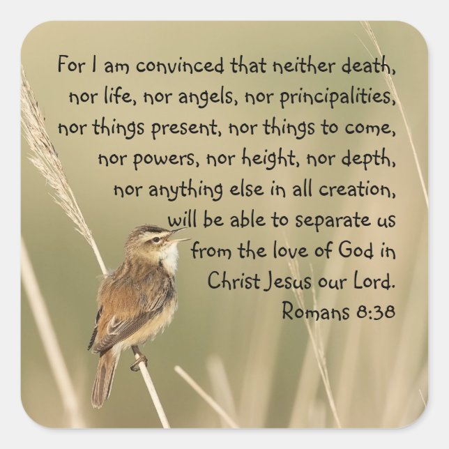 Sticker Carré Écriture biblique inspirante Citation Romains 8:38 (Devant)
