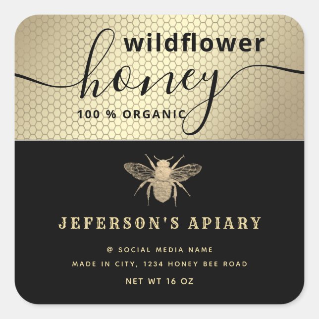 Sticker Carré Écriture d'abeille en or noir moderne Chocolat de  (Devant)