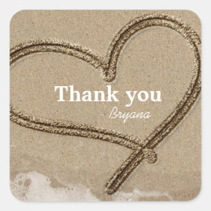 Sticker Carré Ecriture dans Sand Heart Beach Wedding Favor Stick