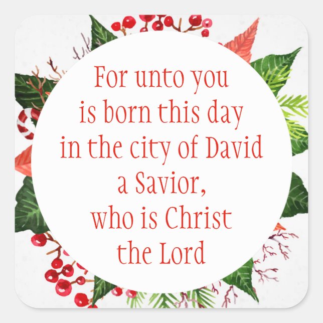 Sticker Carré Écriture de Noël Luc 2:11 Aquarelle Florale (Devant)