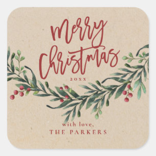 Sticker Carré Écriture Joyeux Noël Branche de Verdure