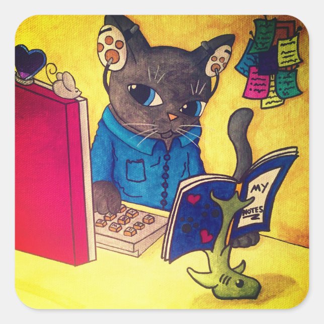 Sticker Carré Écrivain de Maine Coon Chat (Devant)