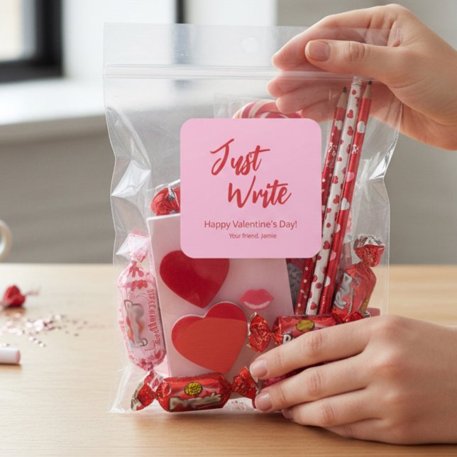 Sticker Carré Écrivez simplement Saint-Valentin Rose Rouge Perso (Just Write teacher Valentine's Day stickers.)