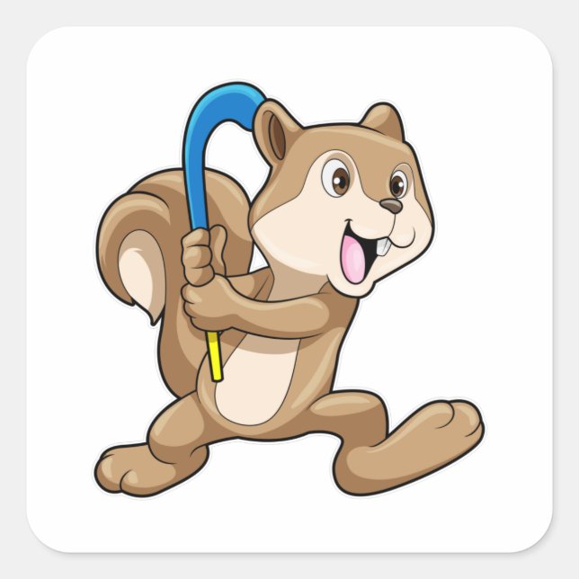 Sticker Carré Écureuil au hockey sur gazon avec bâton de hockey (Devant)