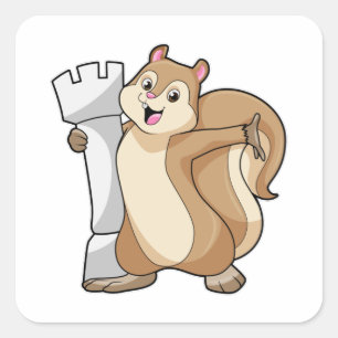 Sticker Carré Écureuil aux échecs avec pièce d'échecs King