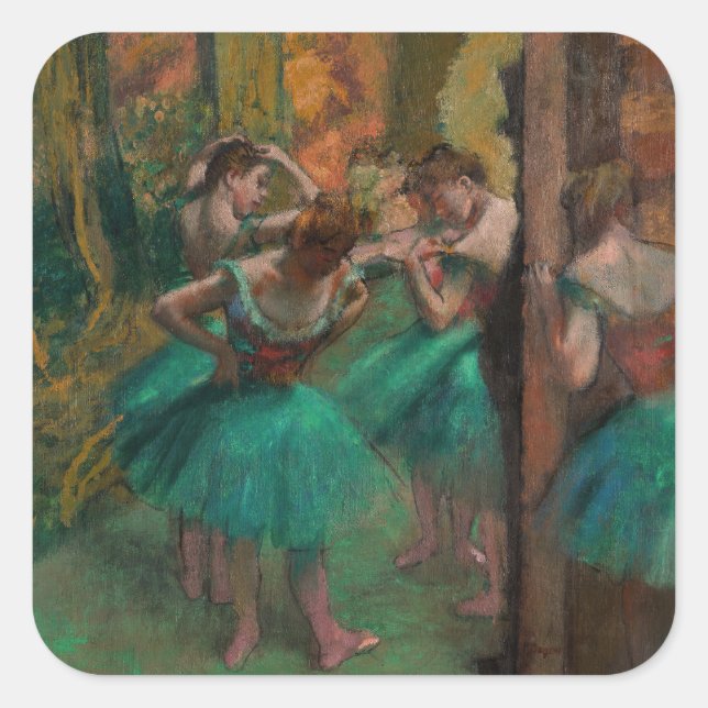Sticker Carré Edgar Degas - Danseurs, rose et vert (Devant)