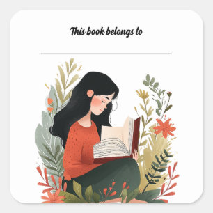 Sticker Carré Editable Girl Reading in a Garden Bookplate