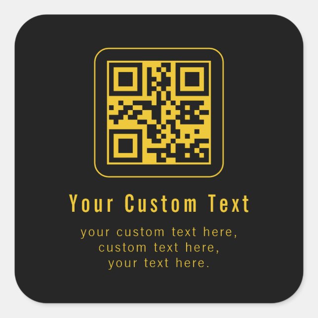 Sticker Carré Editable QR Code & Text Template | Black & Gold (Devant)