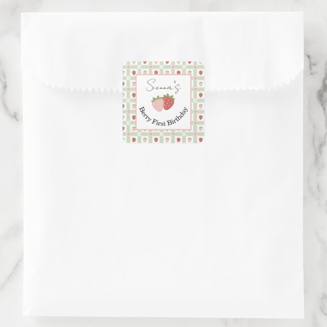 Sticker Carré Editable Square Strawberry Gingham 1st Birthday  (Sac)