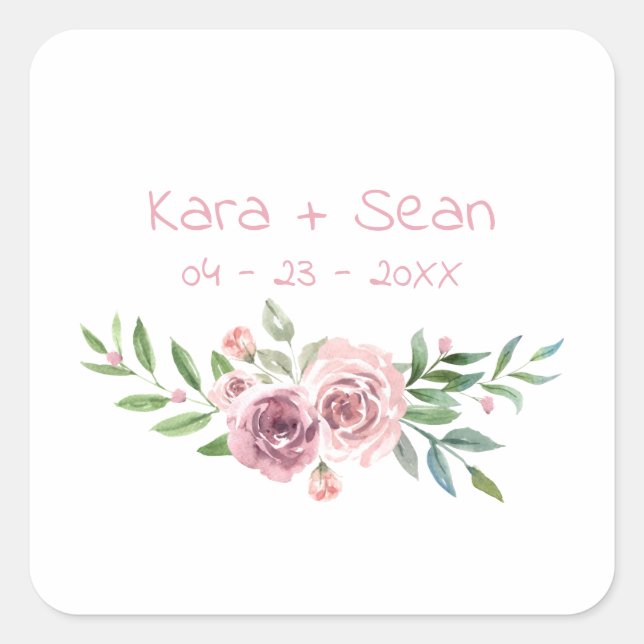 Sticker Carré Effet d'aquarelle mariage rose floral (Devant)