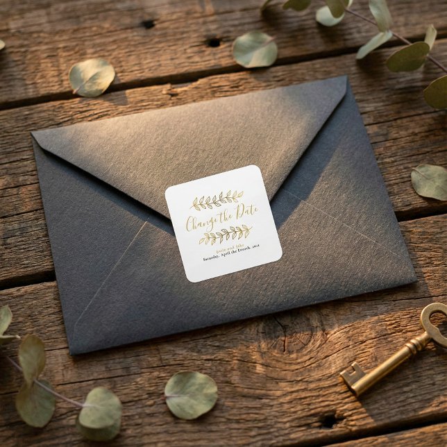 Sticker Carré Effet or Les feuilles et les branches changent la  (Gold effect leaves and branches change the date square sticker.)