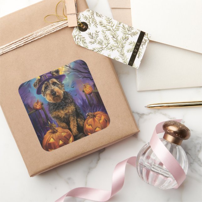Sticker Carré Éffrayant Airedale Halloween sorcière et Citrouill (Cadeaux)